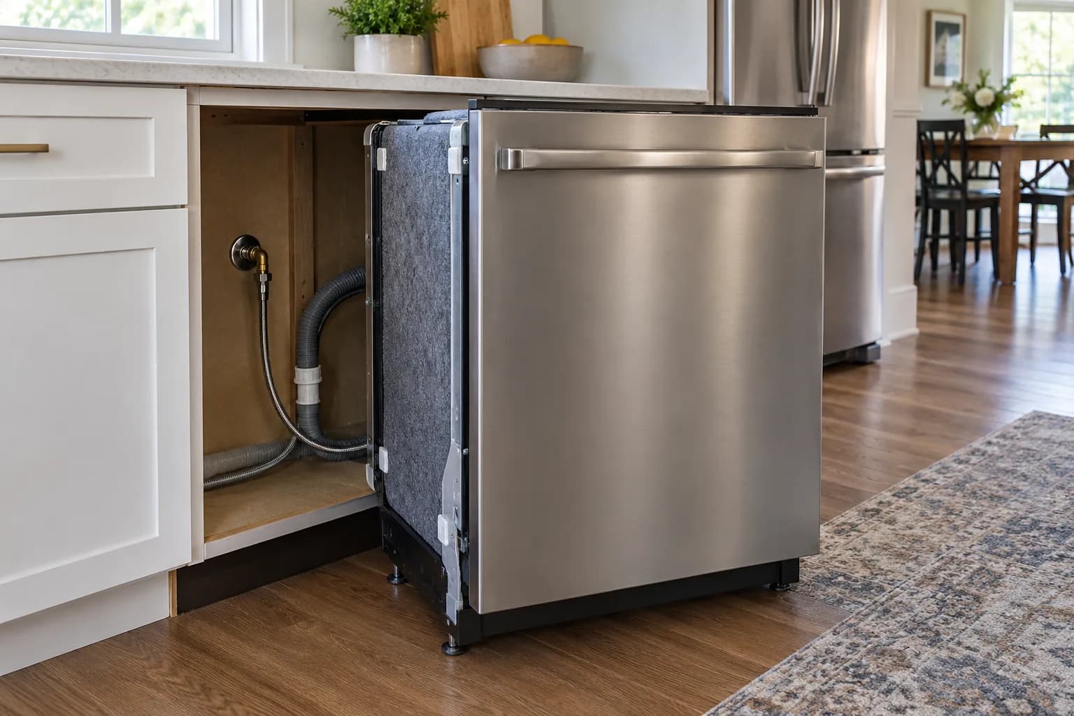 New dishwasher being fitted under the counter during dishwasher installation by Barnard Appliance Repair in Bucks County, PA