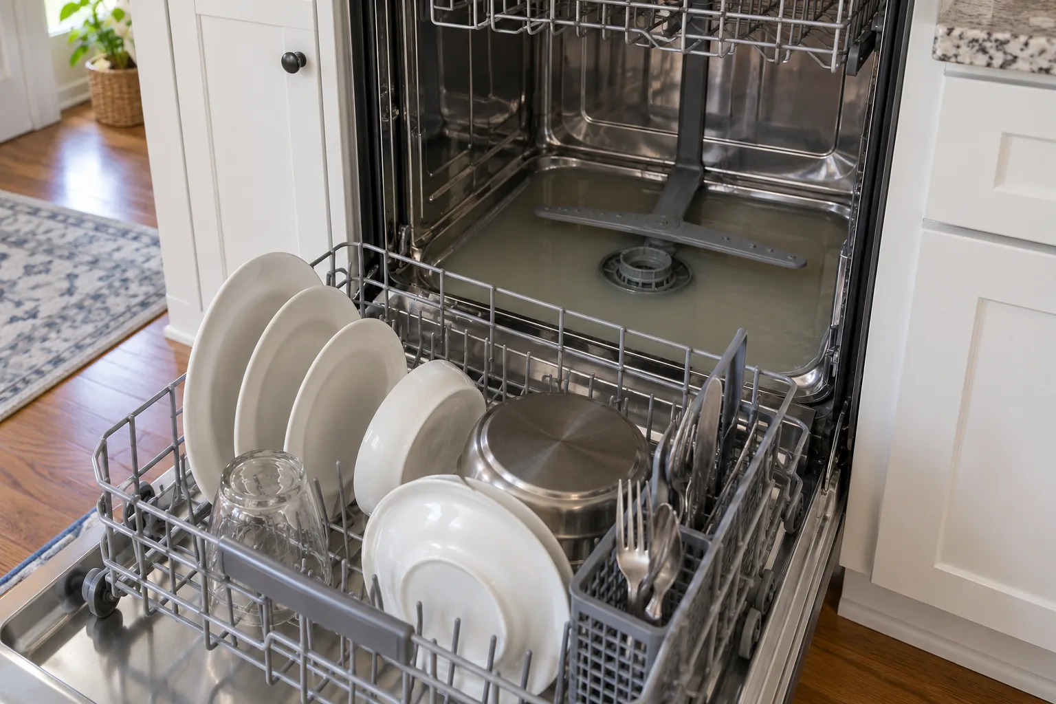 Standing water in a dishwasher that won't drain, found during dishwasher repair by Barnard Appliance Repair in Bucks County, PA