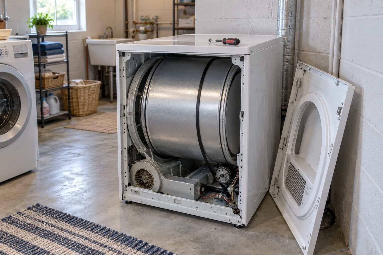 Dryer drum and drive belt exposed during dryer repair by Barnard Appliance Repair in Bucks County, PA
