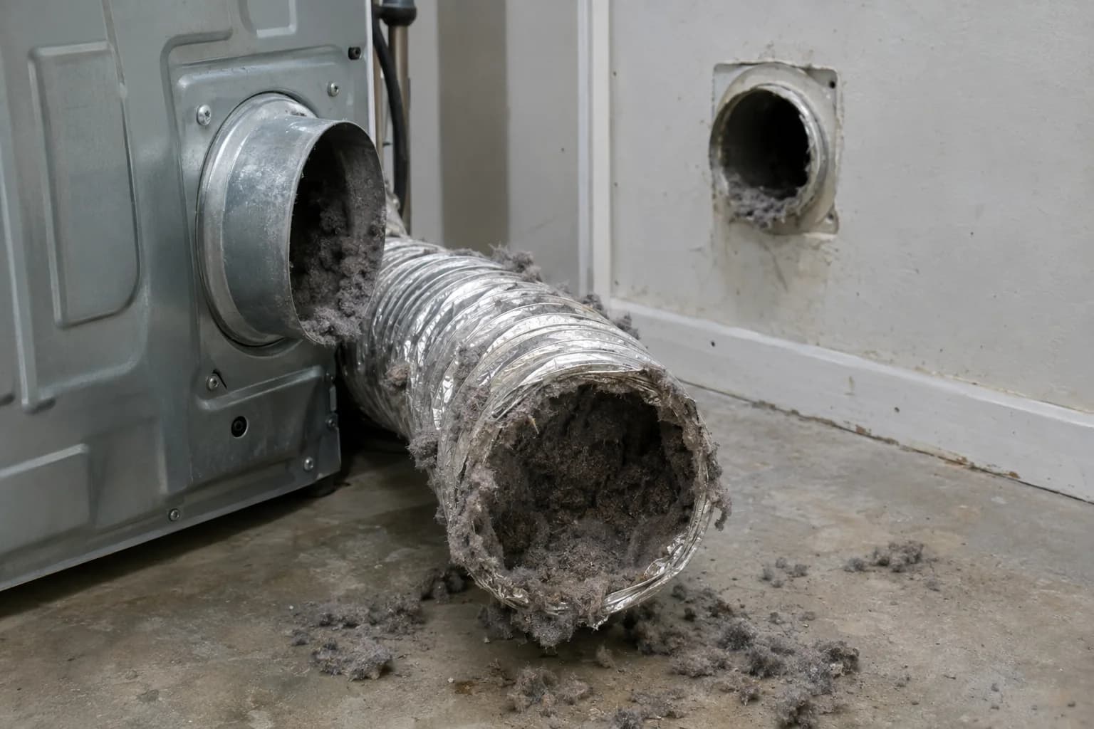 Lint-clogged dryer vent duct found during dryer vent cleaning by Barnard Appliance Repair in Bucks County, PA