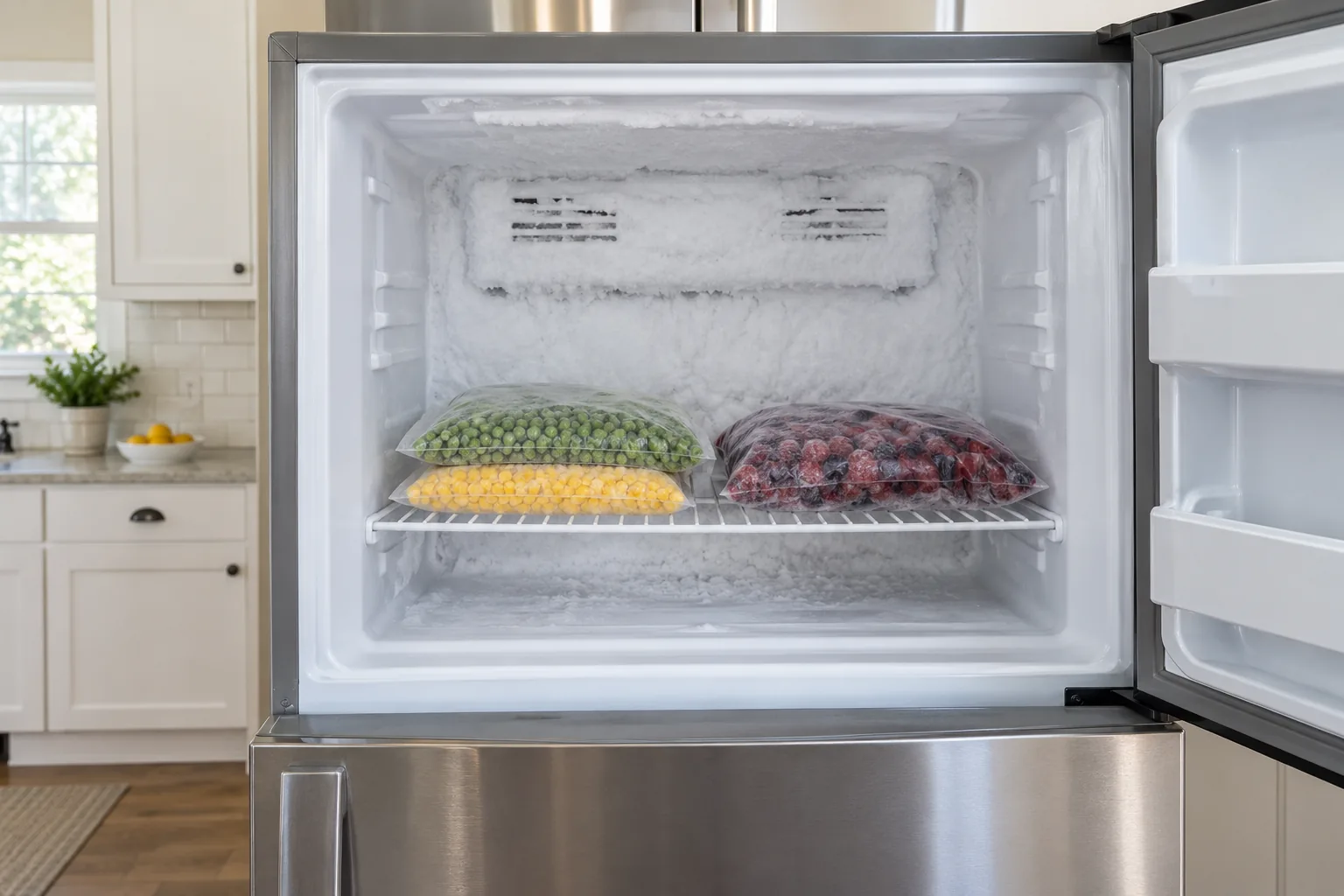 Ice buildup inside a freezer found during refrigerator repair by Barnard Appliance Repair in Bucks County, PA