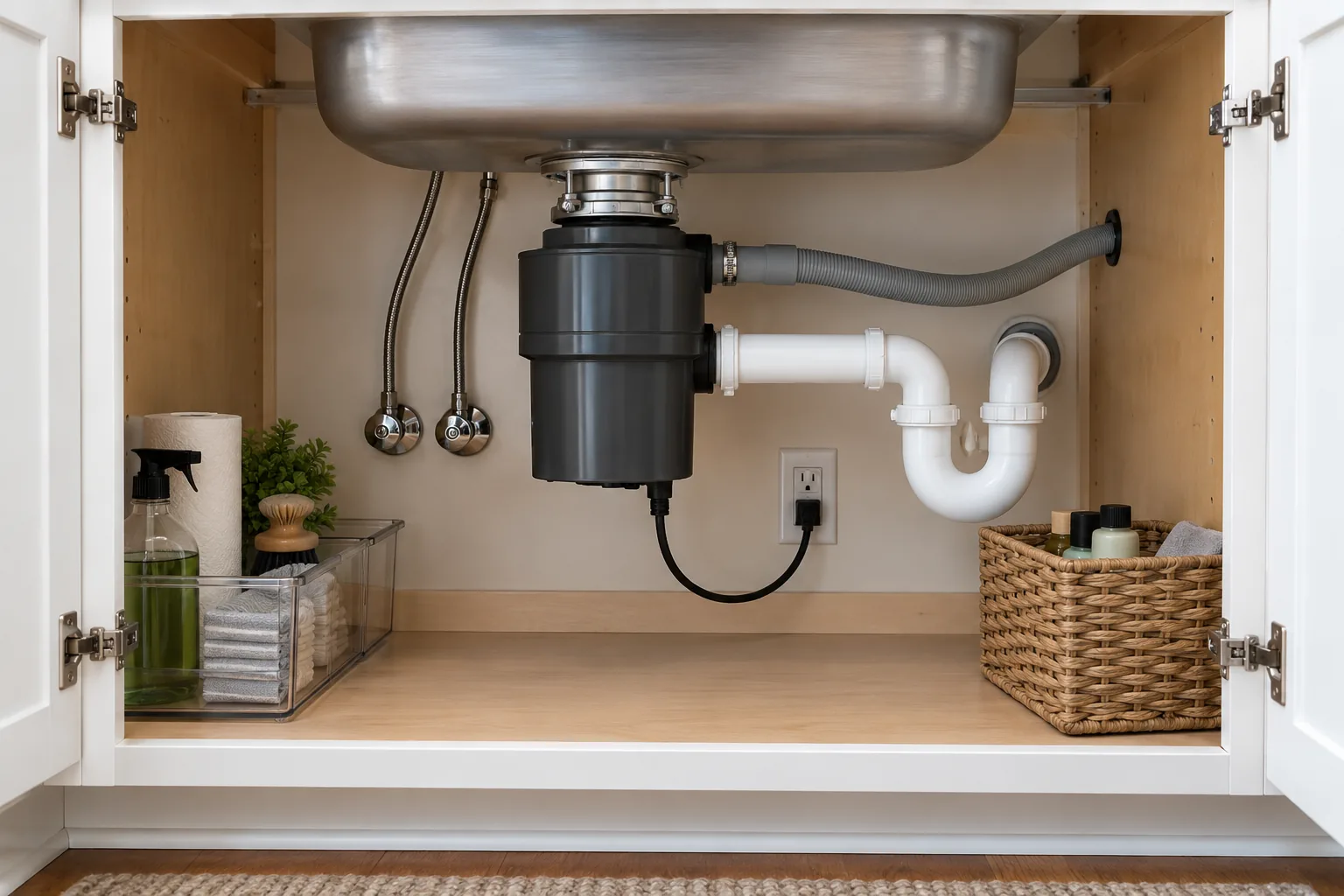 Garbage disposal mounted under the sink during garbage disposal installation by Barnard Appliance Repair in Bucks County, PA