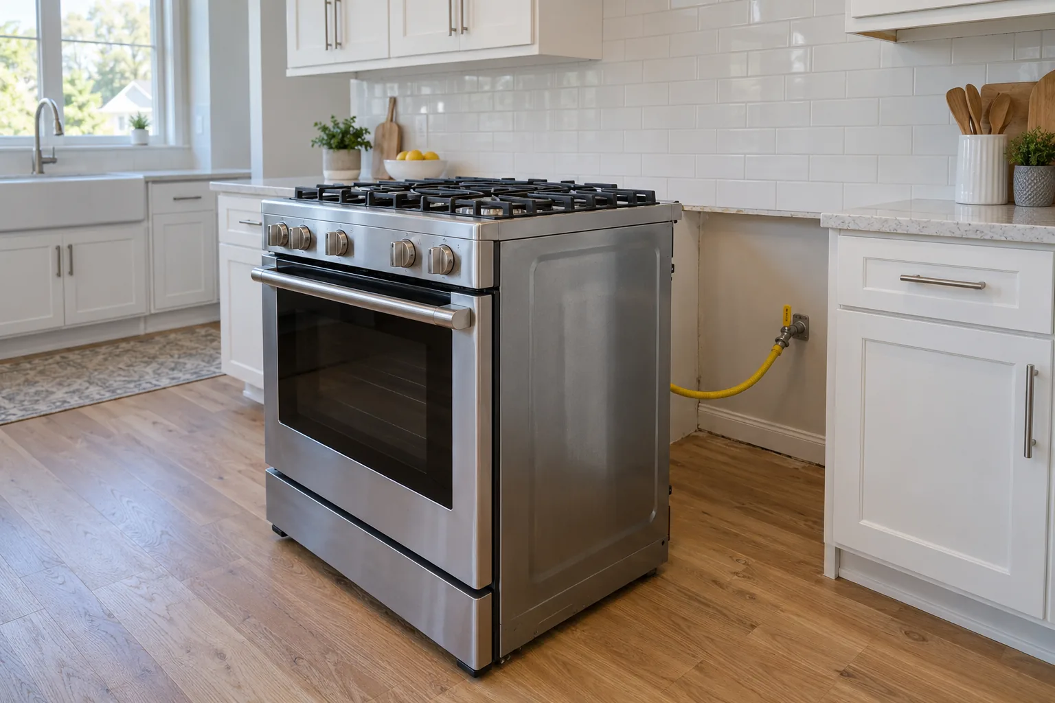 New gas range pulled out for hookup during range installation by Barnard Appliance Repair in Bucks County, PA