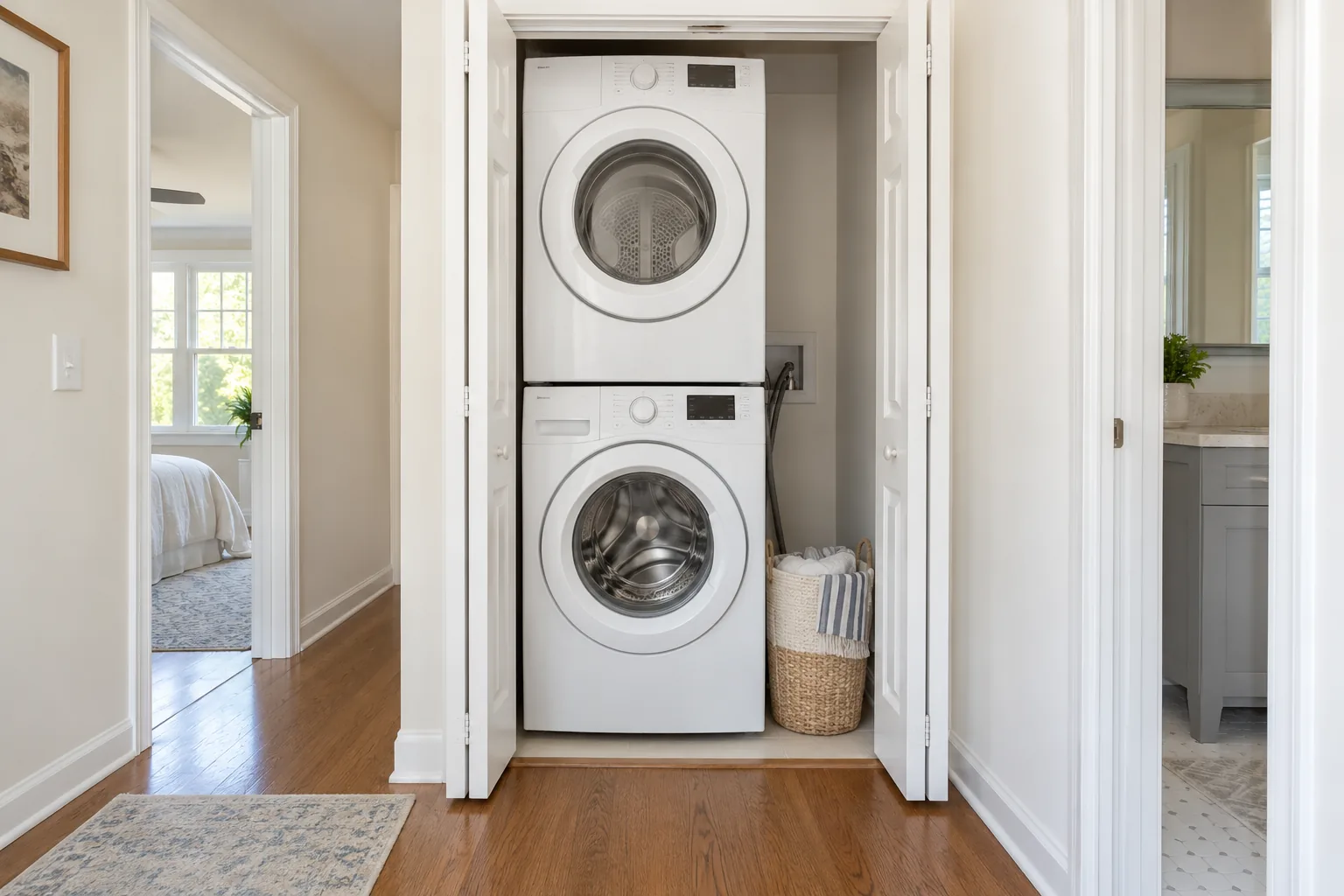 Stacked front-load washer and dryer checked during washer and dryer repair by Barnard Appliance Repair in Bucks County, PA